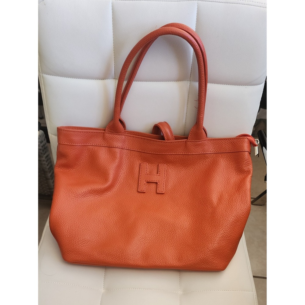 Borse in Pelle Orange Pebbled Leather Tote Bag Made in Italy H Logo Shoulder Bag